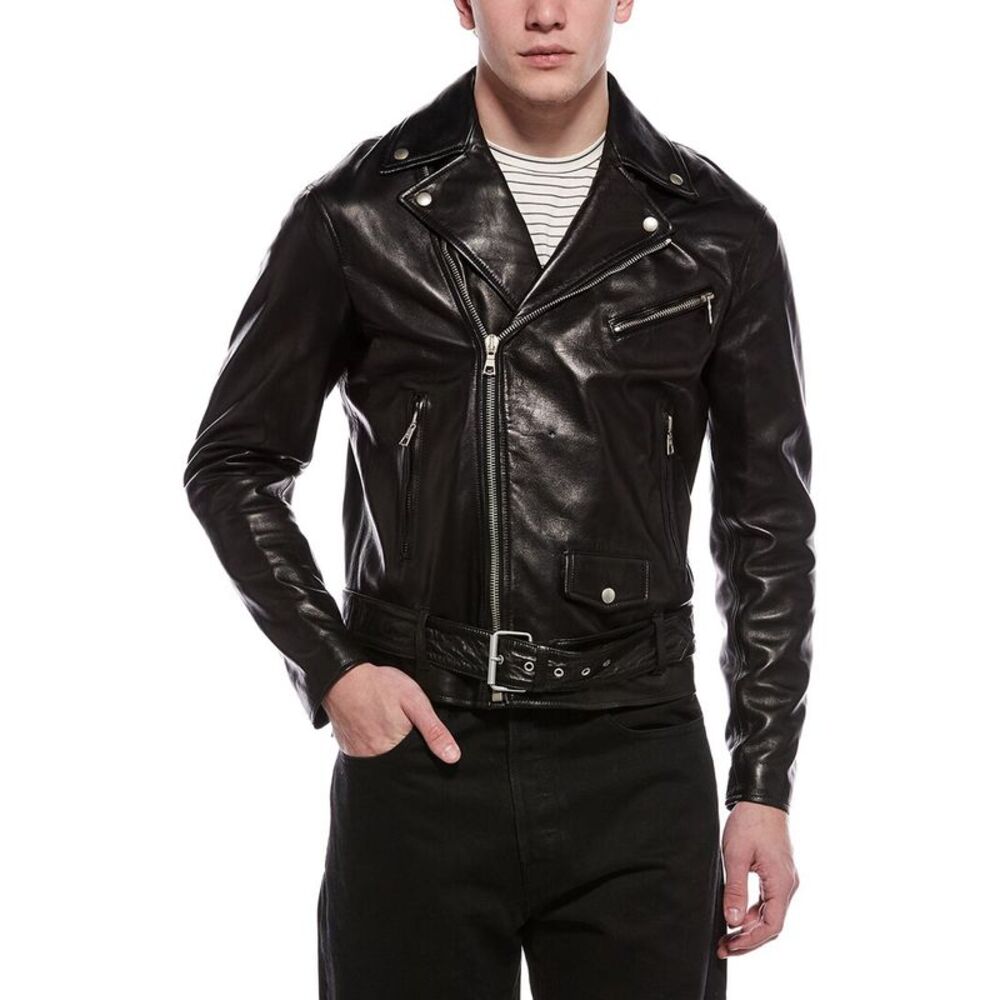 Palm Angels Mens Leather Moto Jacket, Black